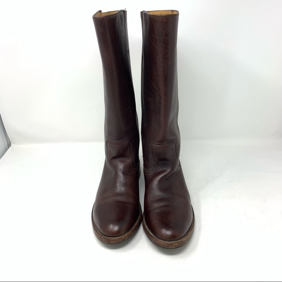 Frye 7.5 Tall Brown Leather Boots Low Heel Classic - Picture 2 of 11